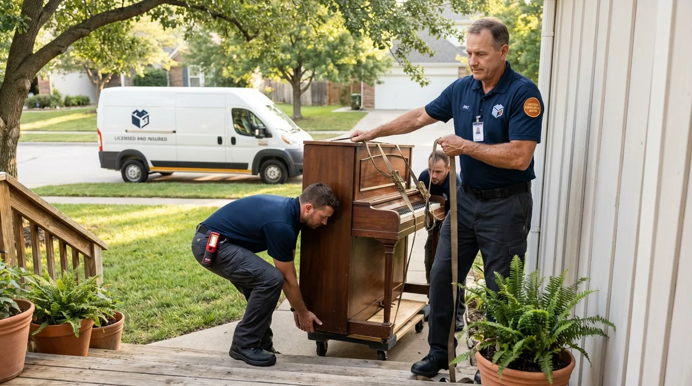 Licensed piano movers securing grand piano in Chico, CA