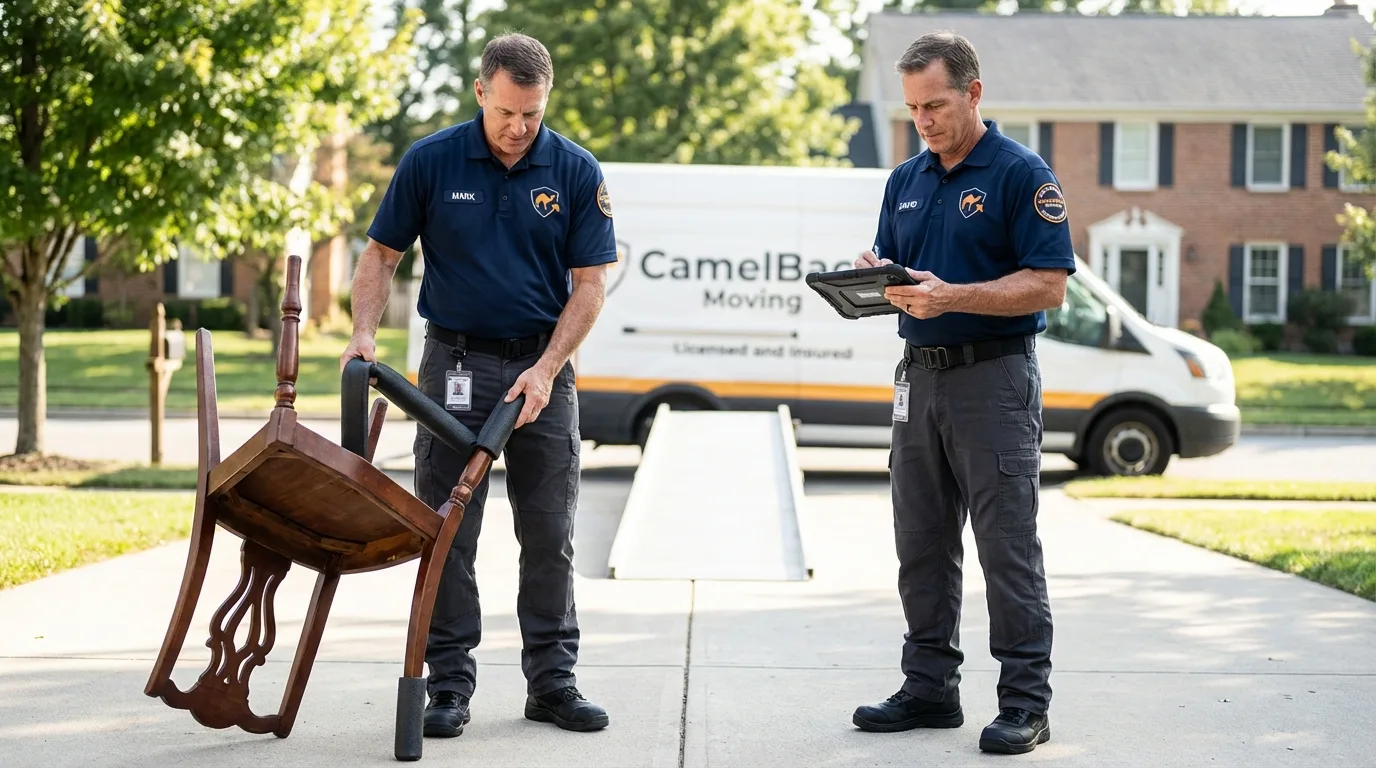 Movers inspecting furniture for damage prevention before loading in Chico, CA